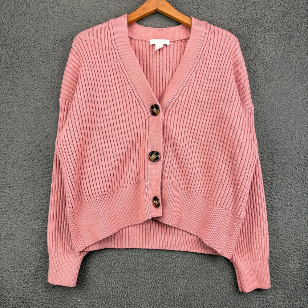 HM Womens Ribbed Knit V-Neck Button Front Cardigan Sweater Pink Size L Large